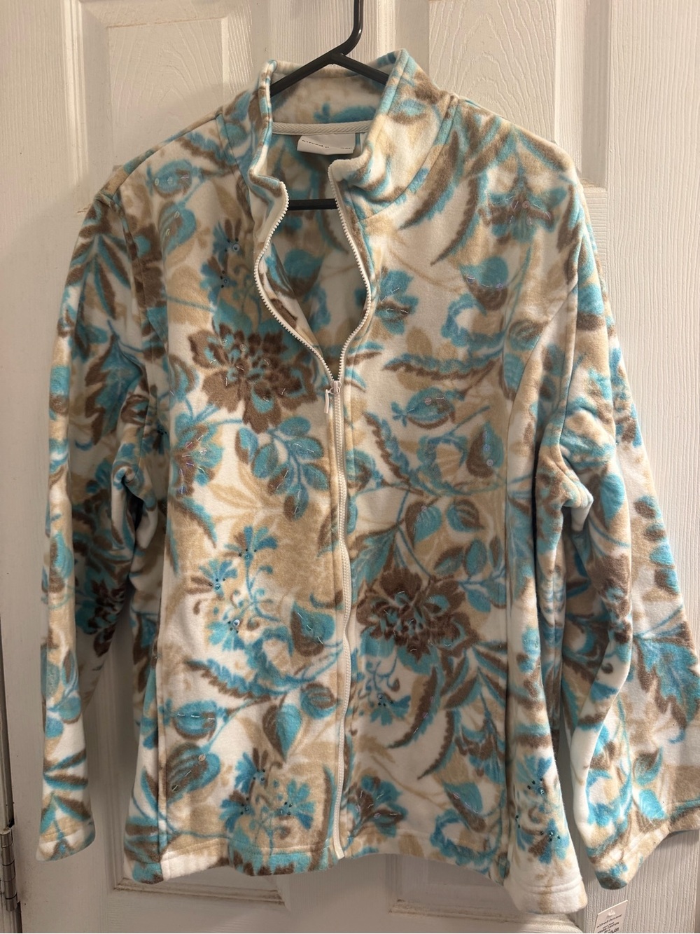 New Alfred Dunner Cream, Turquoise & Brown Floral Teddy Jacket